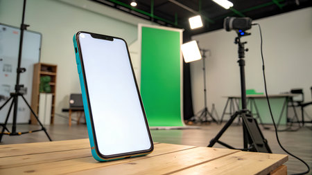 Apple iPhone X with white screen on wooden table in photo studioの素材