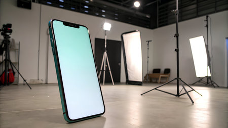 Apple iPhone X with blank white screen in photo studioの素材