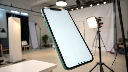 Smartphone with blank screen on tripod in photo studio, blurred backgroundの素材