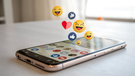 Smartphone with colorful smiley faces and social media icons on screenの素材