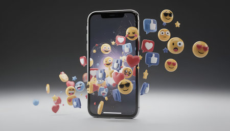 Smartphone with emoji face on screen. Social media concept. 3D renderingの素材