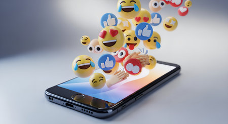 Smartphone with emoji on the screen. Social media concept. 3d renderingの素材