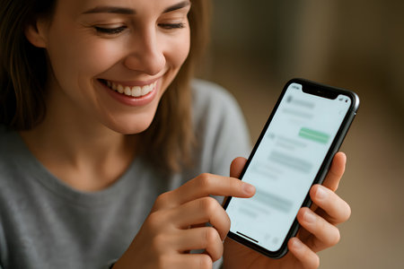 Close-up of a smiling young woman using her mobile phone at homeの素材