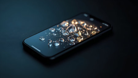 Smartphone with broken glass on a black background. Close up.の素材