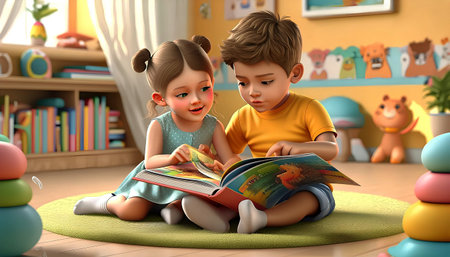3D rendering of a boy and a girl reading a book togetherの素材