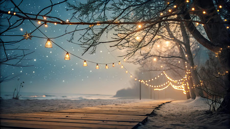 Beautiful Christmas garland with light bulbs on the winter snowy beachの素材