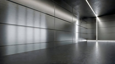Empty underground passage with metal walls and floor. 3d rendering.の素材