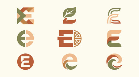 Set of letter E  design elements with leaf. Vector illustration.