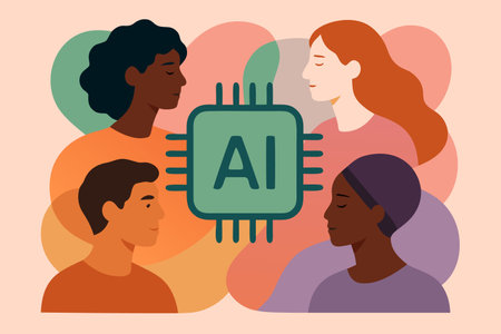 Vector illustration of a group of people and artificial intelligence. Flat style.