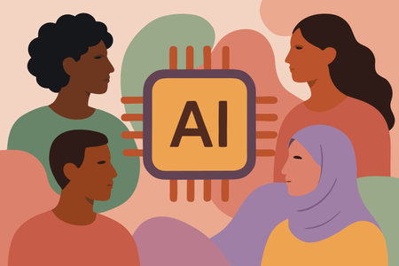 Group of people and artificial intelligence. Vector illustration in flat style.