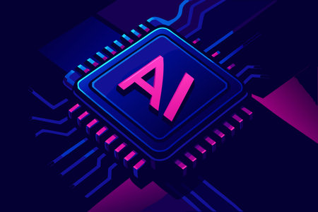 Vector graphic illustration of a processor with the letter R in the center.