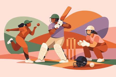 Cricket players in action, vector illustration in flat style.