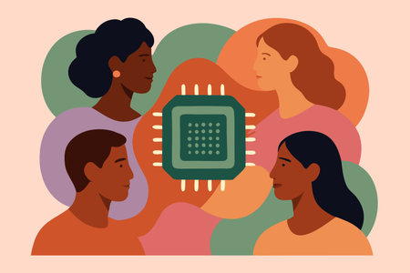 Vector illustration of a group of young people with a processor in their hands