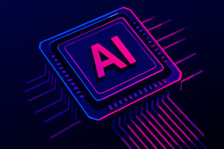 Artificial intelligence (AI) concept. CPU processor with microcircuits on blue background. Vector...