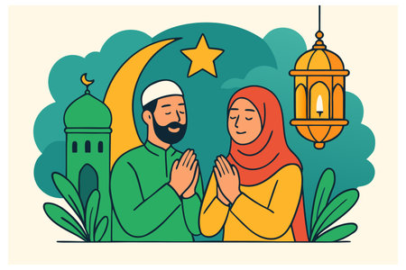 Vector illustration of Muslim couple praying with mosque and lantern in the background.のイラスト素材