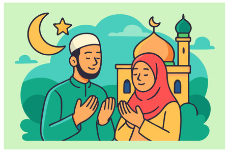 Muslim couple praying with mosque in background. Vector illustration in flat styleのイラスト素材