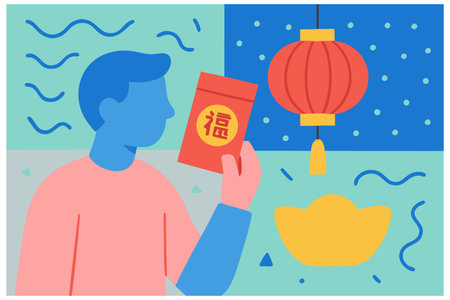 Chinese New Year flat vector illustration. Man with red envelopes.のイラスト素材