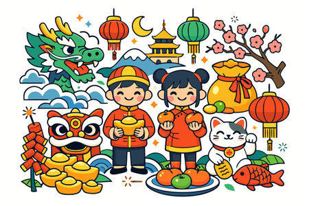 Happy Chinese New Year. Cute cartoon little boys and girls in traditional Chinese clothes. Vector illustration.のイラスト素材