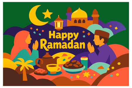 Happy Ramadan Kareem greeting card. Vector illustration in flat cartoon styleのイラスト素材