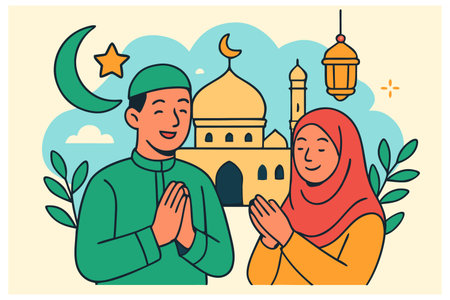 Muslim couple praying with mosque and crescent. Ramadan Kareem greeting card. Vector illustrationのイラスト素材