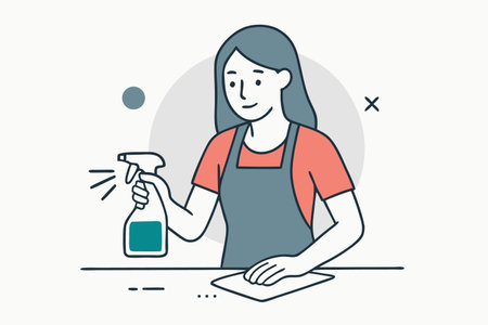 Cleaning service concept. Young woman in apron with spray bottle and rag. Linear vector illustration.のイラスト素材