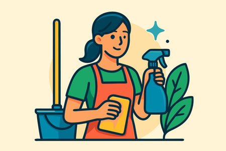 Cleaning service concept. Young woman in apron, rubber gloves, rubber gloves and bucket with cleaning supplies. Flat vector illustration.のイラスト素材