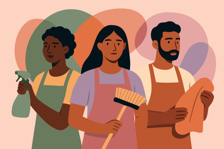 Vector illustration of a group of people cleaning the house. Flat style.のイラスト素材