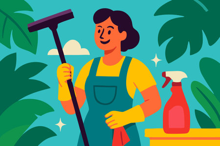 Cleaning service. Man with mop cleaning the house. Vector illustration in flat styleのイラスト素材