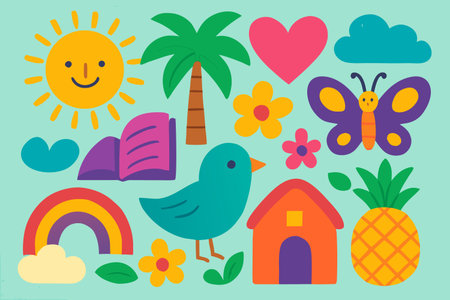 Vector illustration of cute hand drawn summer elements. Colorful flat design.