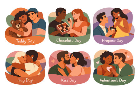 Set of vector illustrations of happy women, men and children in love.のイラスト素材