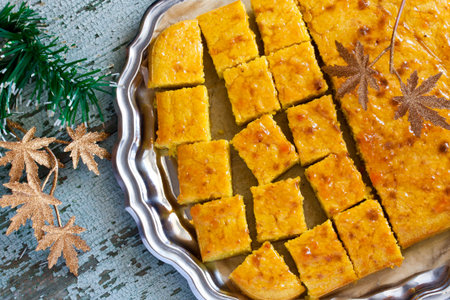 cake with semolina, turmeric and apricot jam