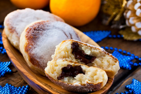 cheesecakes with rice and chocolate on wooden backgroundの写真素材