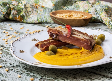 Traditional Russian food - yellow peas puree with vegetables and pork ribsの写真素材