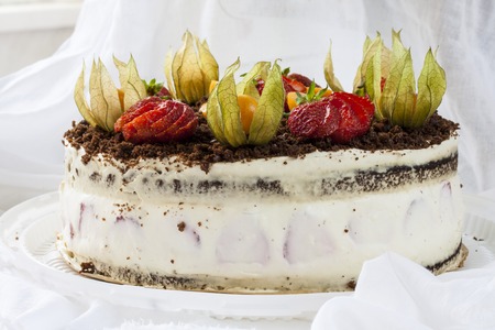 Sponge cake with strawberries and vanilla creamの写真素材