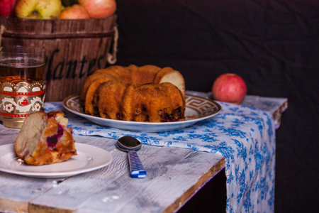 Sponge cake with apple, raspberry and cinnamonの写真素材