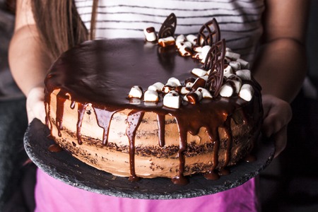 Delicious dark chocolate cake in white plate on wooden table backgroundの写真素材