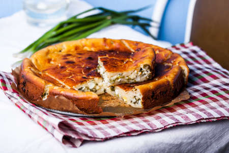 snack pie with green onion and eggの写真素材