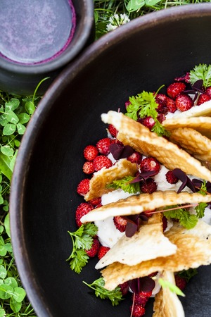 dessert made with wild strawberries, cream cheese and wafflesの写真素材