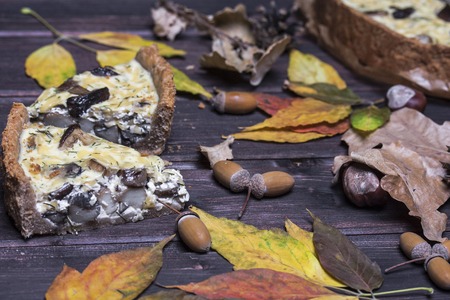 mushroom onion quiche on a dark wooden background. selective focusの写真素材