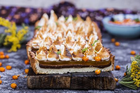 tart with chocolate and meringueの写真素材