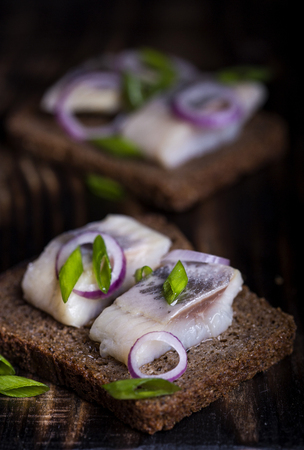 Stand with a snack of rye bread, herring and onionsの写真素材