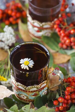 glass of hot tea with autumn leavesの写真素材