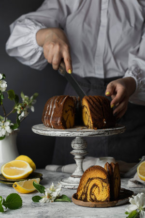 Chocolate and pumpkin bundt cake and lemon zest on the stand
