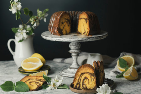 Chocolate and pumpkin bundt cake and lemon zest on the stand