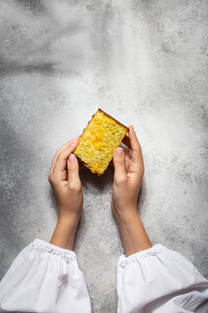 slice of zucchini and cheese snack cakeの写真素材