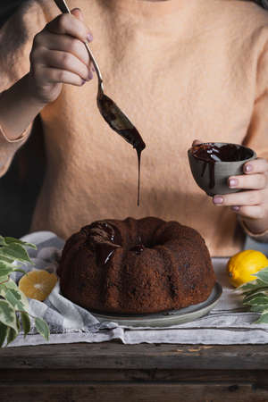 pumpkin cake with chocolate chips and cranberryの写真素材