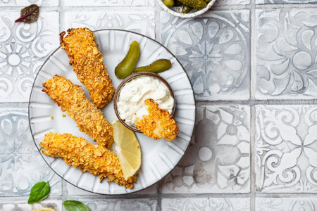 Homemade fresh fish finger with tartar sauce and lemon