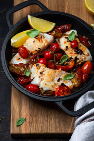 codfish fillet with tomato sauce in a iron panの写真素材