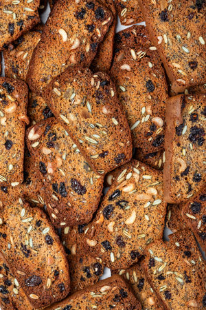 healthy food multigrain crispbread with seeds and dried fruits