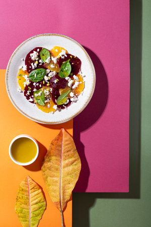 Beetroot and Orange salad with spinach and feta cheeseの写真素材